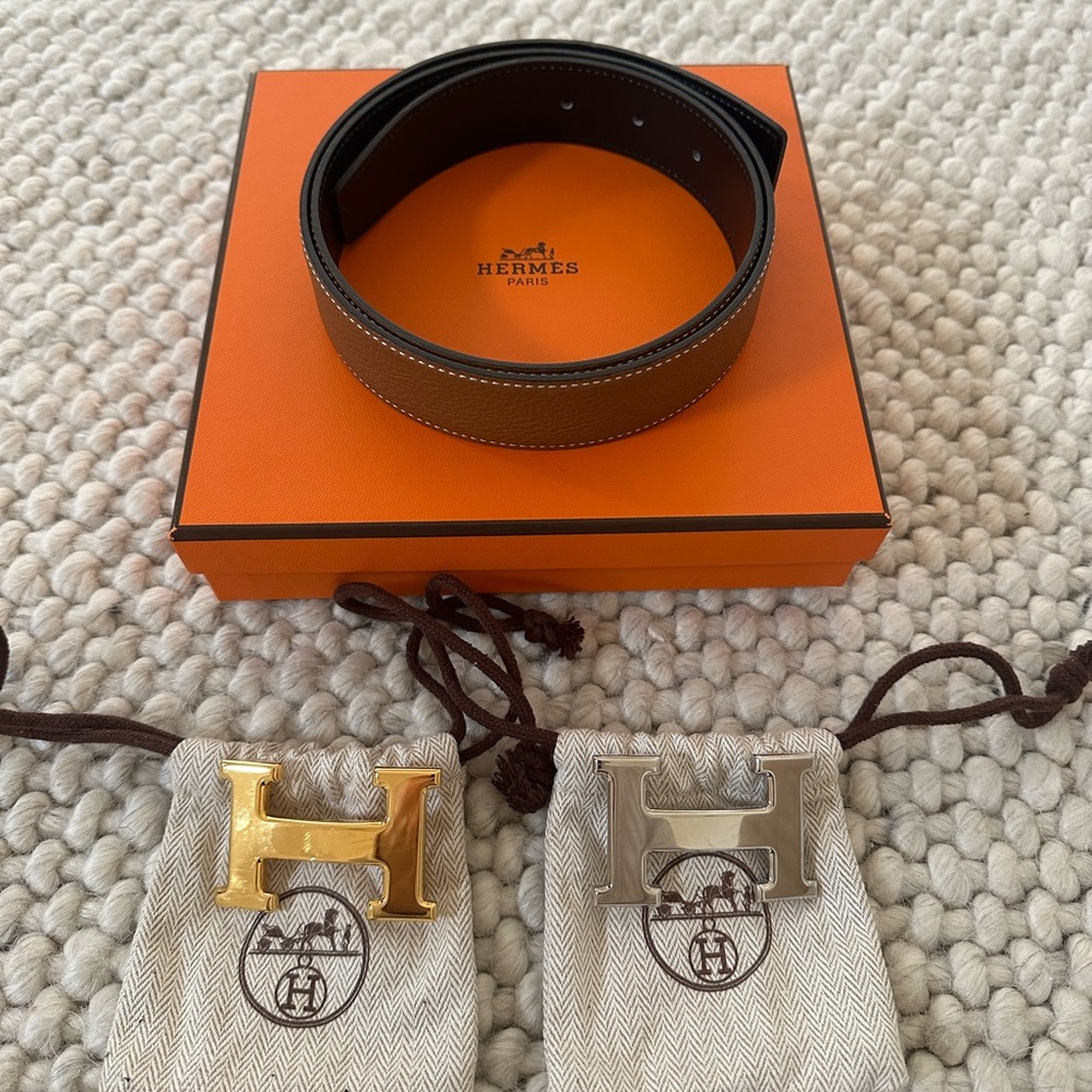H Belt Buckles (2) & Reversible Leather Strap 32MM Size 85